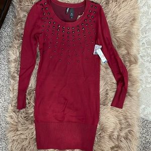 Deep red sweater dress with black crystal like details, size M
